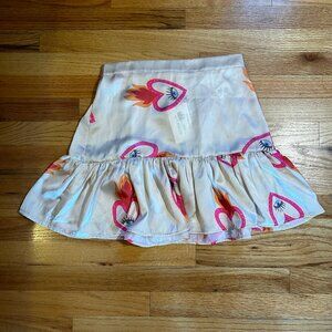 NWT Womens Bululu Jamaica Corazones Heart Cream Pink Satin Ruffled Mini Skirt M